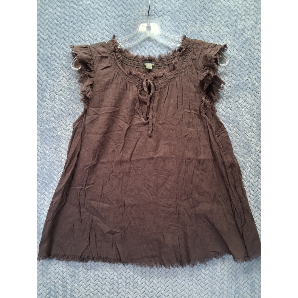 Aerie Womens Brown Gauze Ruffle Sleeveless Tie Neck Boho Blouse Size Medium